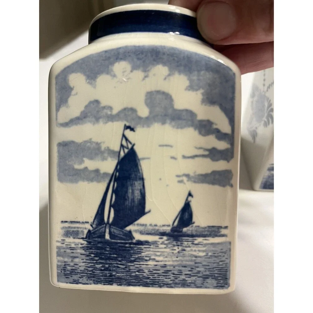 Pair of Delft Blue White Lidded Jars Spice Vanity Windmill Sailboat